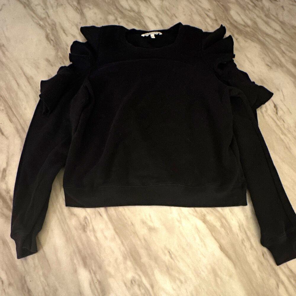 Rebecca Minkoff Womens Black Solid Cold Shoulder Ruffle Sweatshirt Size L 0069